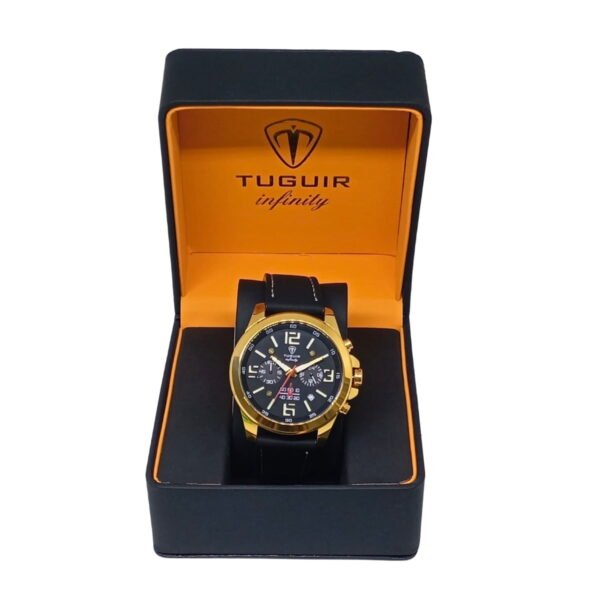 Relógio Masculino Luxo Tuguir Aço Dourado com Pulseira de Couro e Cronógrafo - Imagem 2