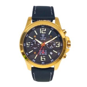 Relógio Masculino Luxo Tuguir Aço Dourado com Pulseira de Couro e Cronógrafo