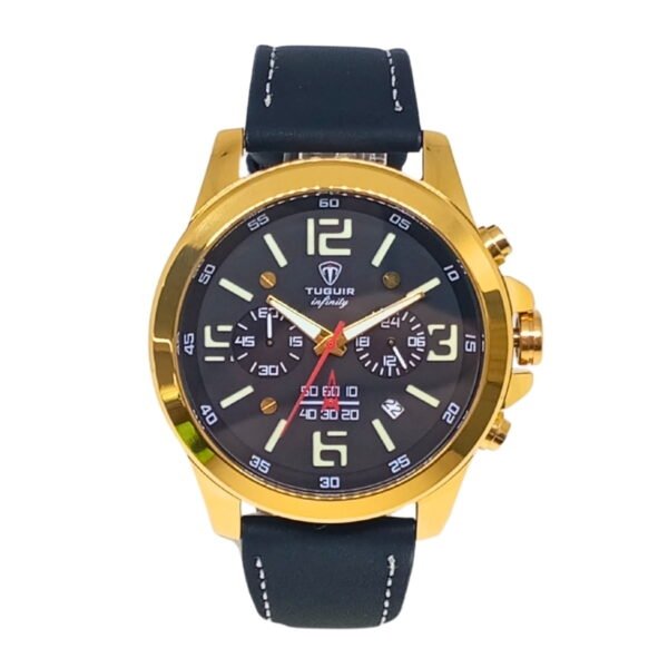 Relógio Masculino Luxo Tuguir Aço Dourado com Pulseira de Couro e Cronógrafo